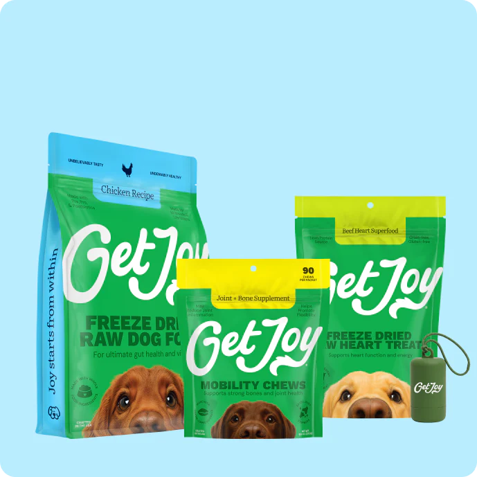Get Joy Food premium freeze-dried raw dog food and treats product lineup